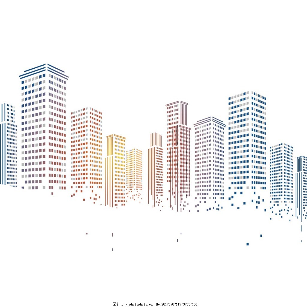 手绘建筑元素,抽象 彩色 渐变 高楼-