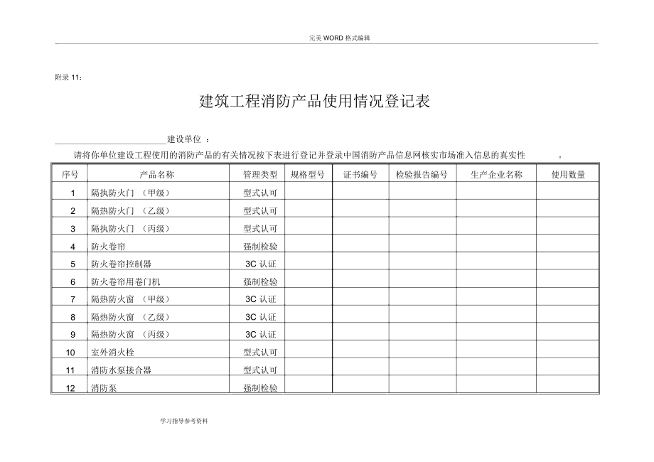 建筑工程消防产品使用情况登记表