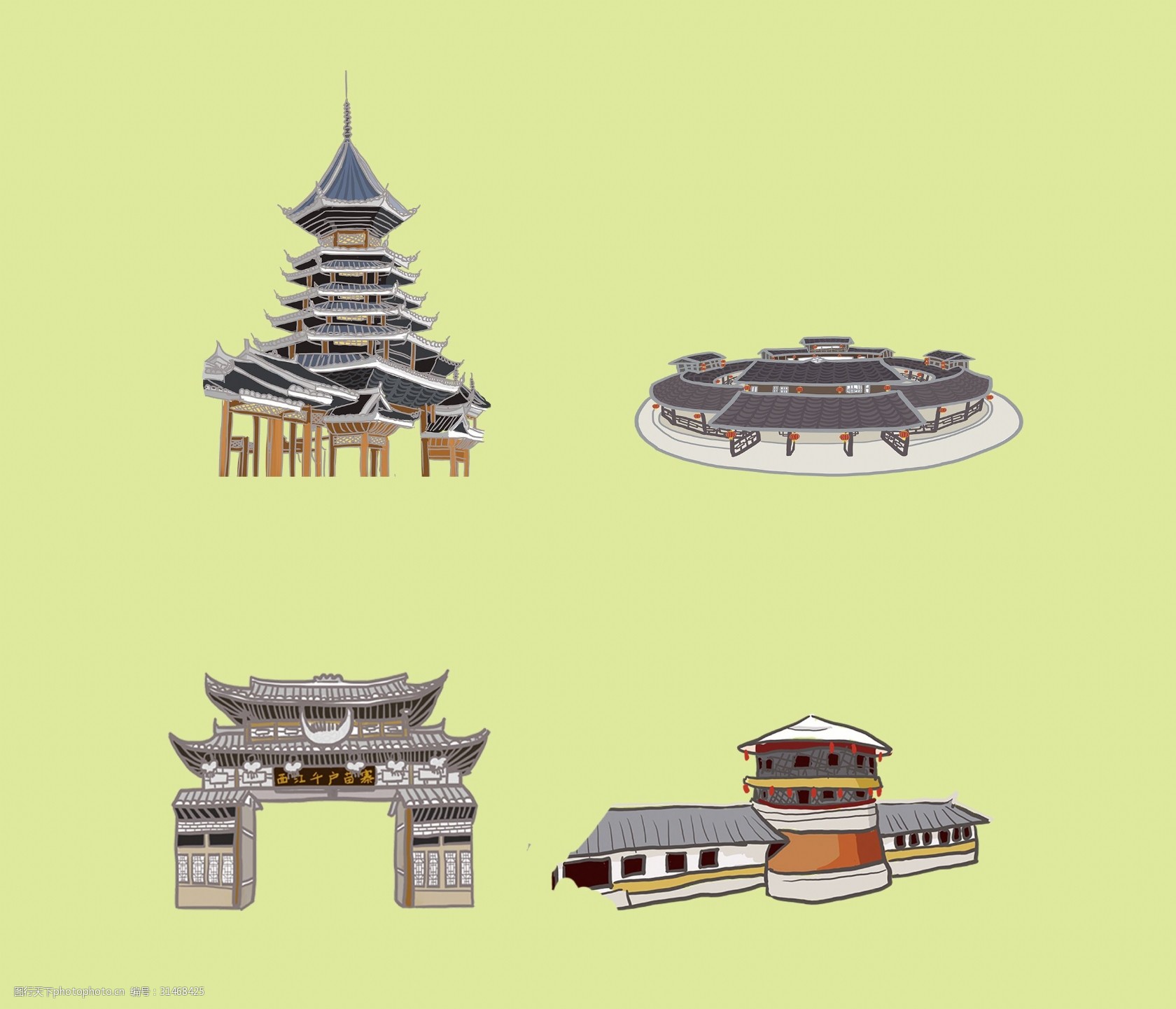 手绘贵州民族建筑侗寨